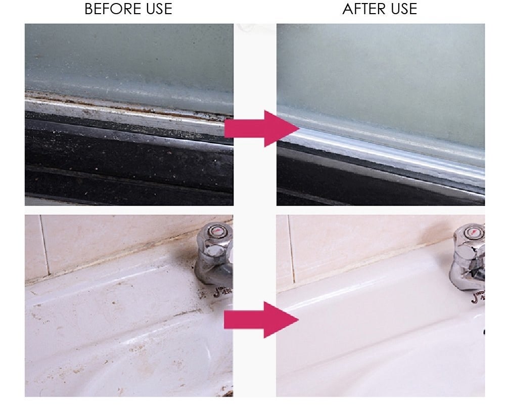 A collage of images showing before and after the cleaner&#x27;s use on sinks and shower door tracks