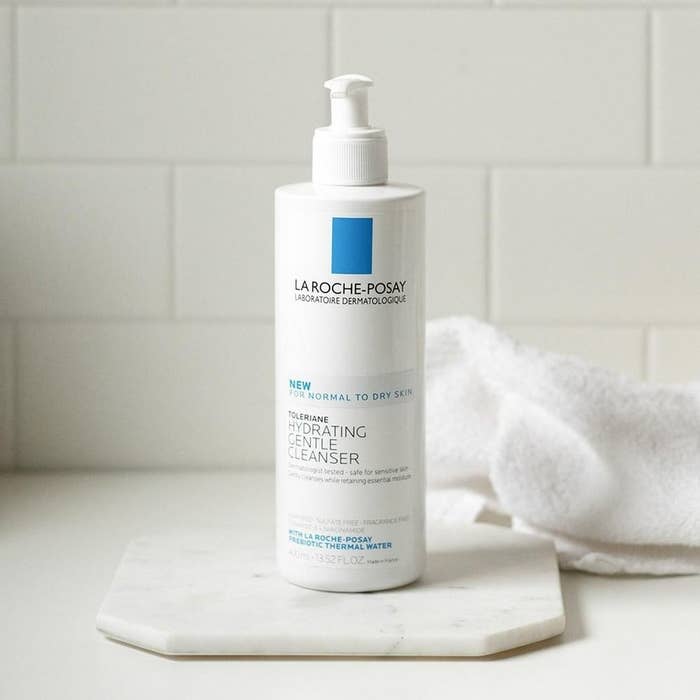 The cleanser, featuring a white pump bottle