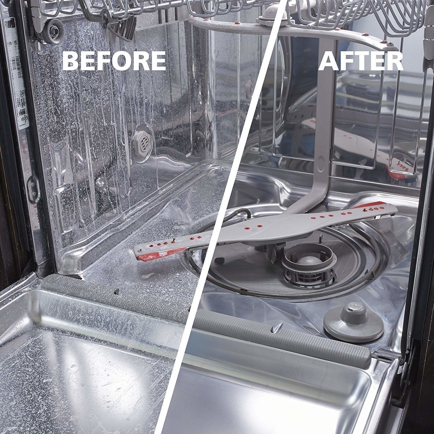 A product image of the inside of a dishwasher before (scaly and with white residue) and after (sparkling clean)