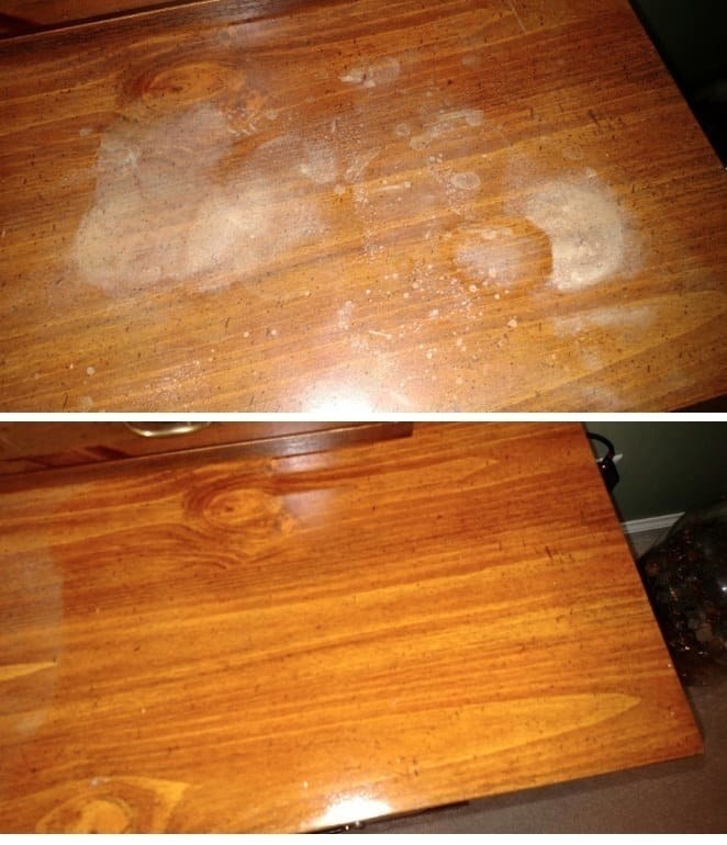 A review photo before and after of a table covered with grime and drink rings, and polished and shiny after