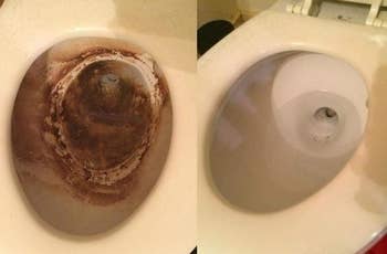 A reviewer's toilet before and after use, showing the heavy rust-colored stains that have been removed