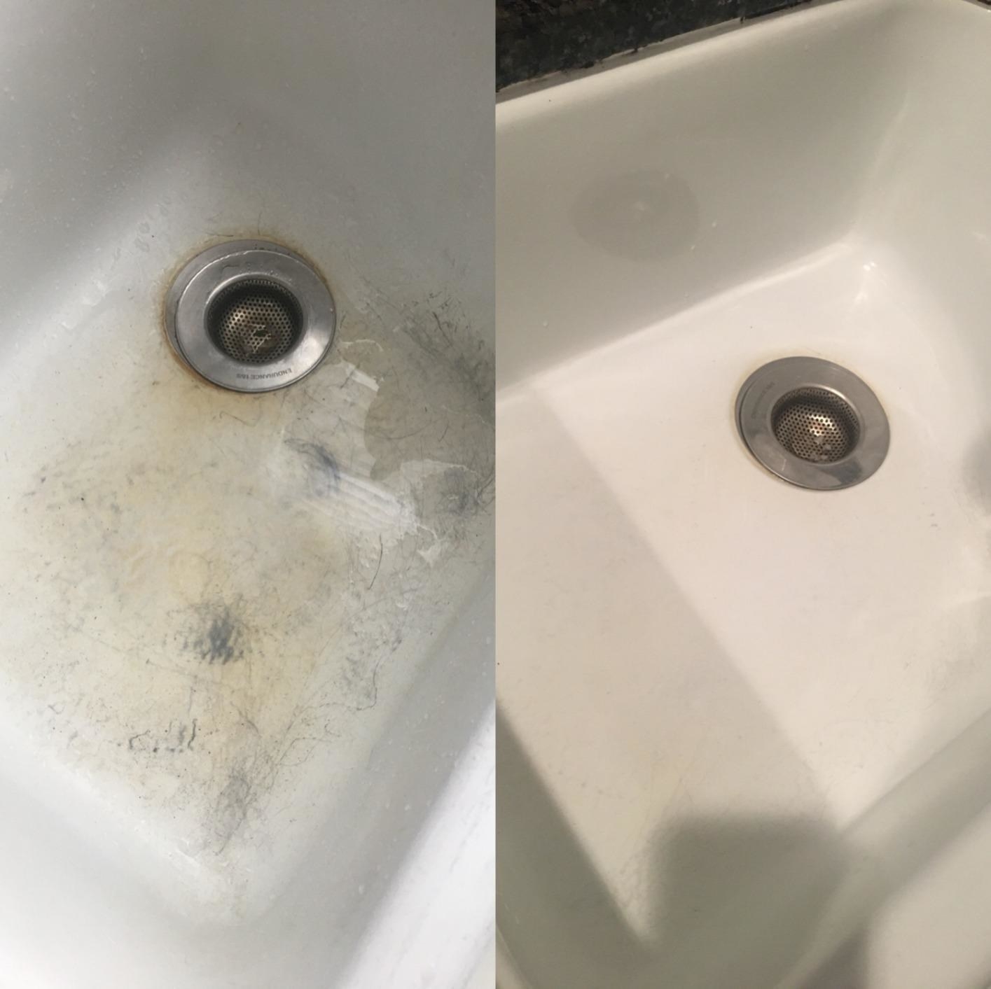 A review image of a marked-up porcelain sink before cleaning, and the after of the same sink looking spotless after cleaning
