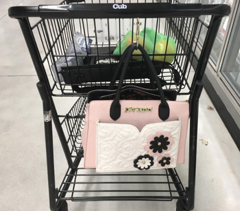 a reviewer's bag being held on a grocery cart