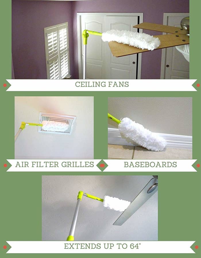 A collage showing the fan cleaning ceiling fans, baseboards, and air filter grills