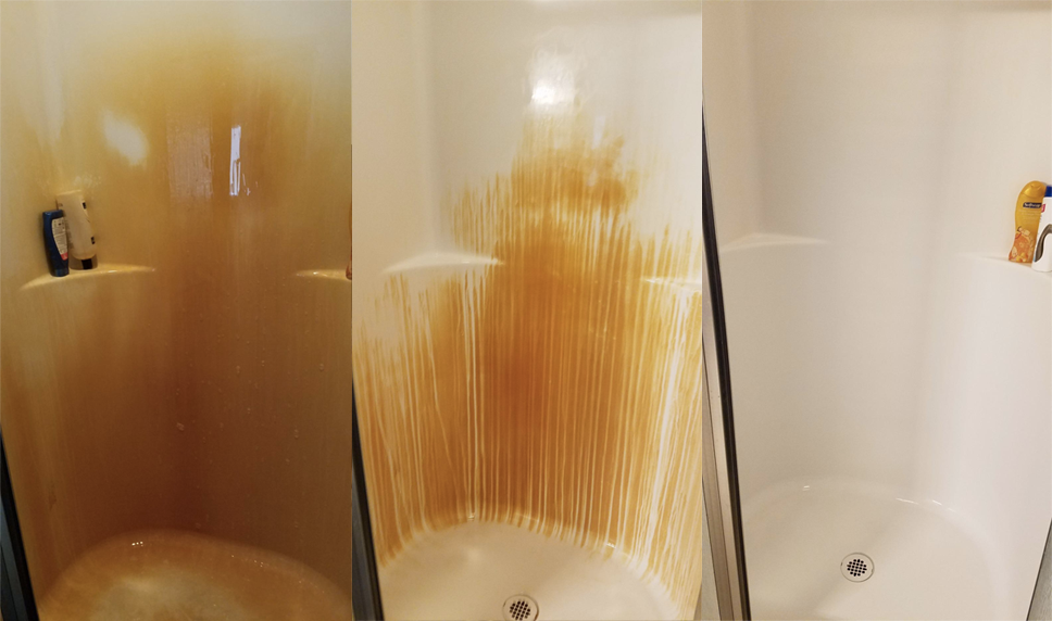 left: super orange shower middle: streaks of white from where it was sprayed right: completely white shower 