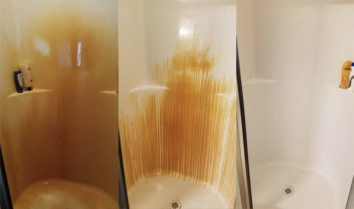 left: super orange shower middle: streaks of white from where it was sprayed right: completely white shower 