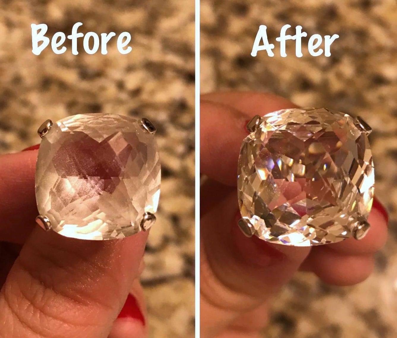 A before photo showing a large, dull, cloudy crystal on a ring, and an after photo showing the exact same piece that&#x27;s shiny, clear, clean, and sparkling. 