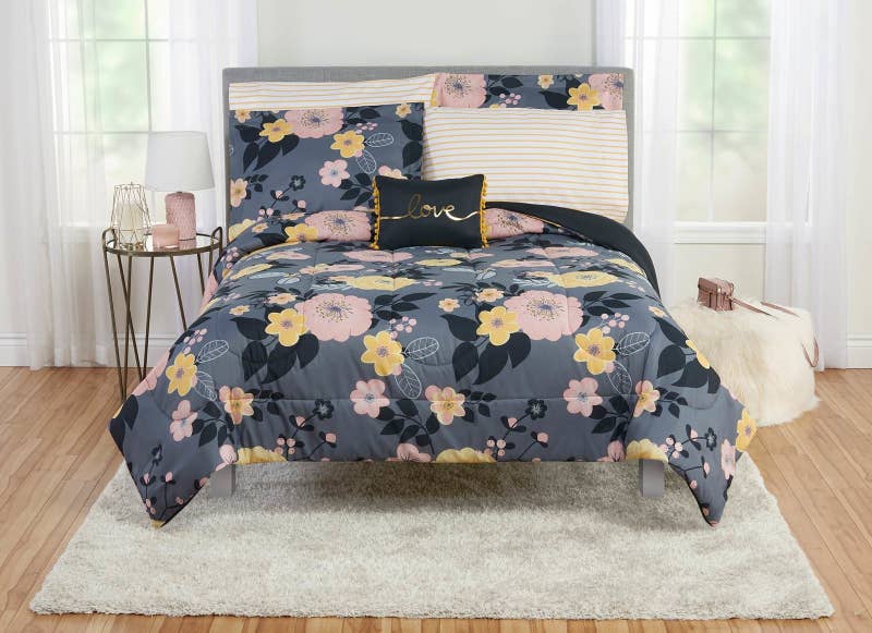 Includes a comforter, sheet set, shams, and a throw pillow (items vary based on the size of the set).Price: .36+ (available in four sizes)