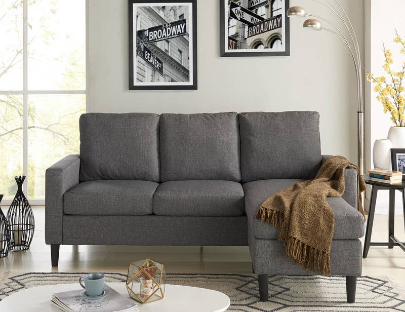 Promising review: "I love my couch! I had it for two months. At first, it was a little uncomfortable like an office couch but after awhile it starts to break in. It's the perfect size for a 400 square feet studio apartment. I wanted something small but with a lot of seating and I got it with this perfect little sectional. If you're just starting out I would recommend it because it's affordable, trendy and with some accent pillows you can achieve that comfort you need to relax." —MariahPrice: 9