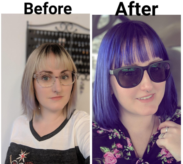 A reviewer&#x27;s hair before and after using the product with the second image showing how bright purple their hair is 