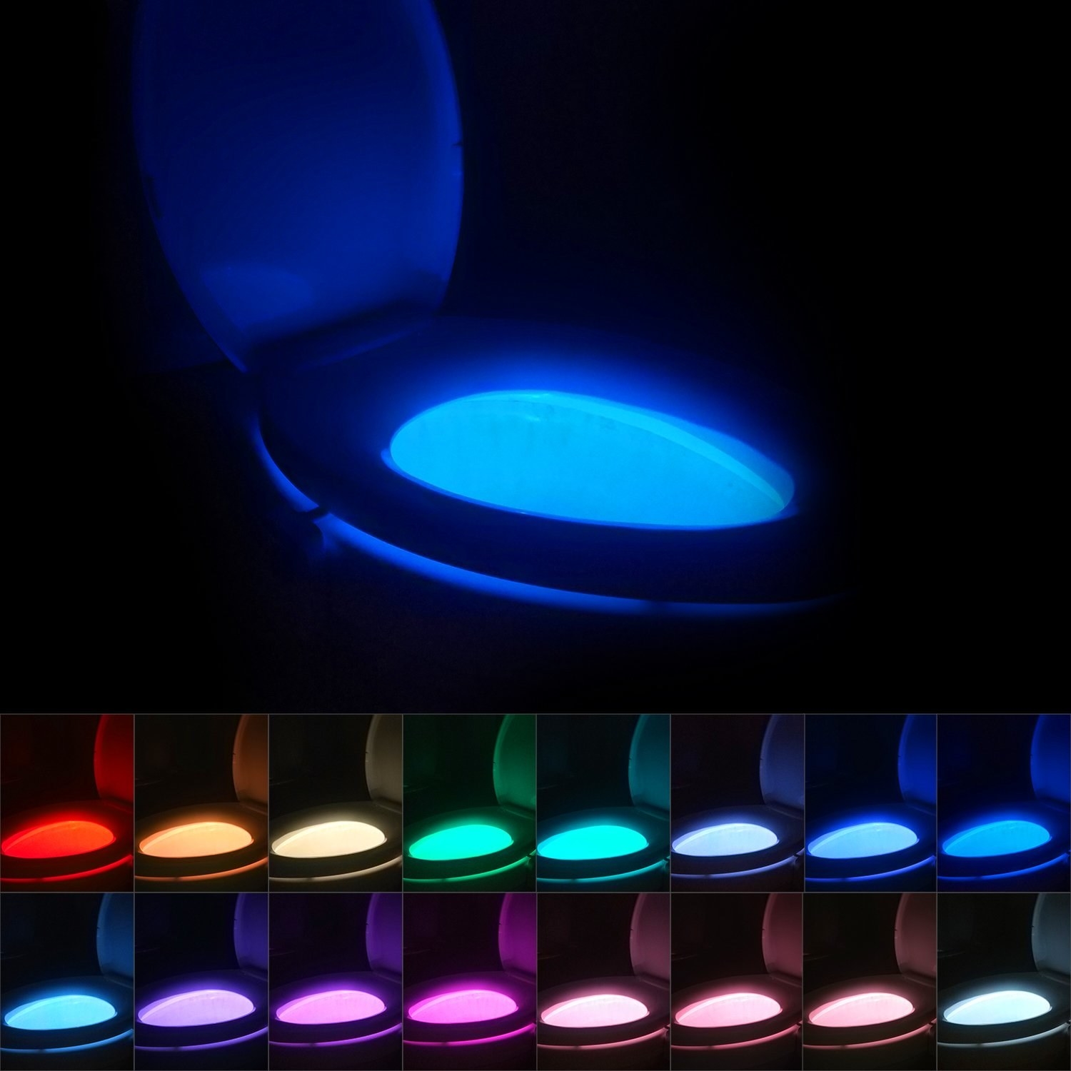 A toilet with a blue illuminated bowl and 16 thumbnail images of the toilet illuminated in different colors 