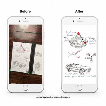 The app turning a physical sketch in the notebook into a digital one via a photo