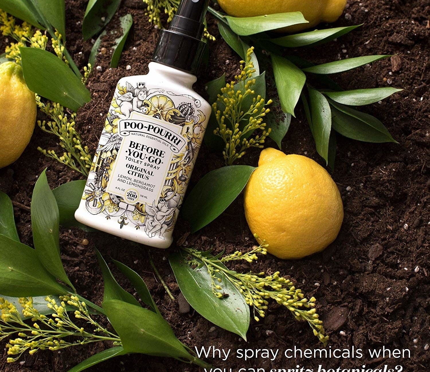 A bottle of the original citrus-scented spray styled with lemons and lemon branches
