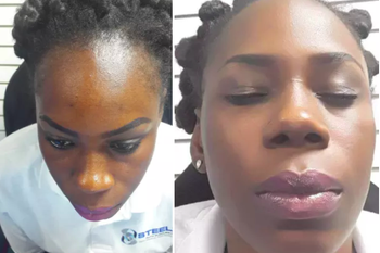 a reviewer before and after using the papers, with their  face shiny then matte