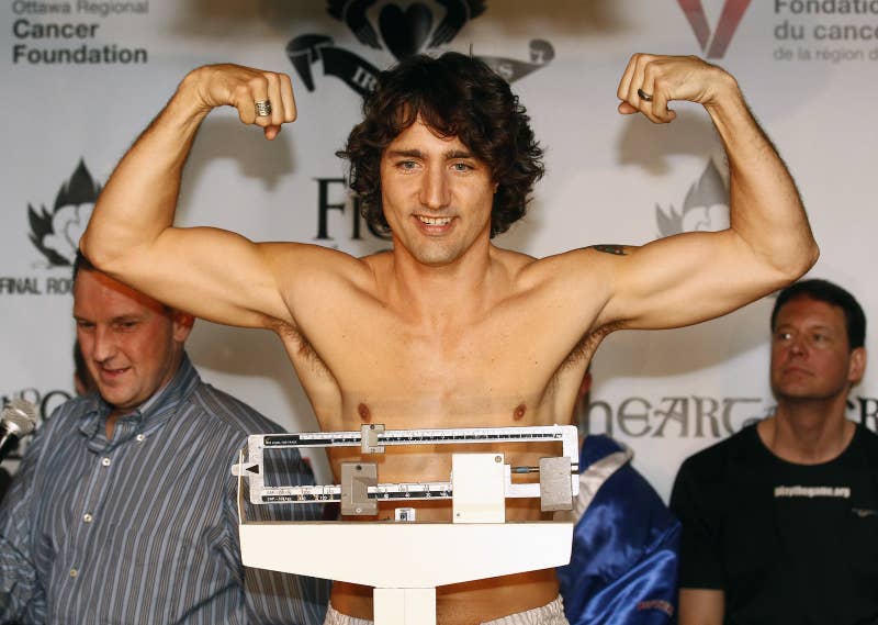 Then–Liberal MP Trudeau at a weigh-in for a charity boxing event in 2012