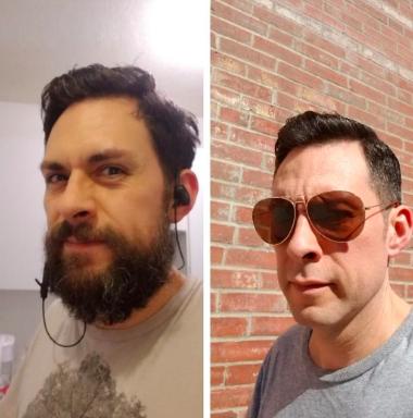 A before photo of a reviewer with a full beard and mustache and an after photo with a cleanly shaven face looking smooth