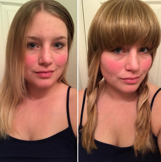 A reviewer showing the before and after of their hair with and without the clip in bangs and it looks natural and color matches beautifully 