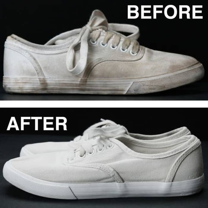 A dirty pair of canvas sneakers with laces, and the same pair of sneakers after applying the mixture, now bright white