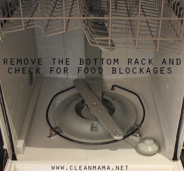 an open dishwasher with the words "remove the bottom rack and check for food blockages" on it