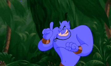 Genie from Aladdin pointing excitedly, then his jaw drops