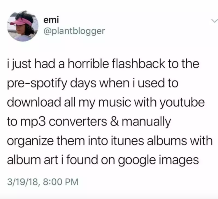 tweet reading i just had a flashback to the pre-spotify days when i used to download all my music with youtube to mp3 websites and manually organize them 