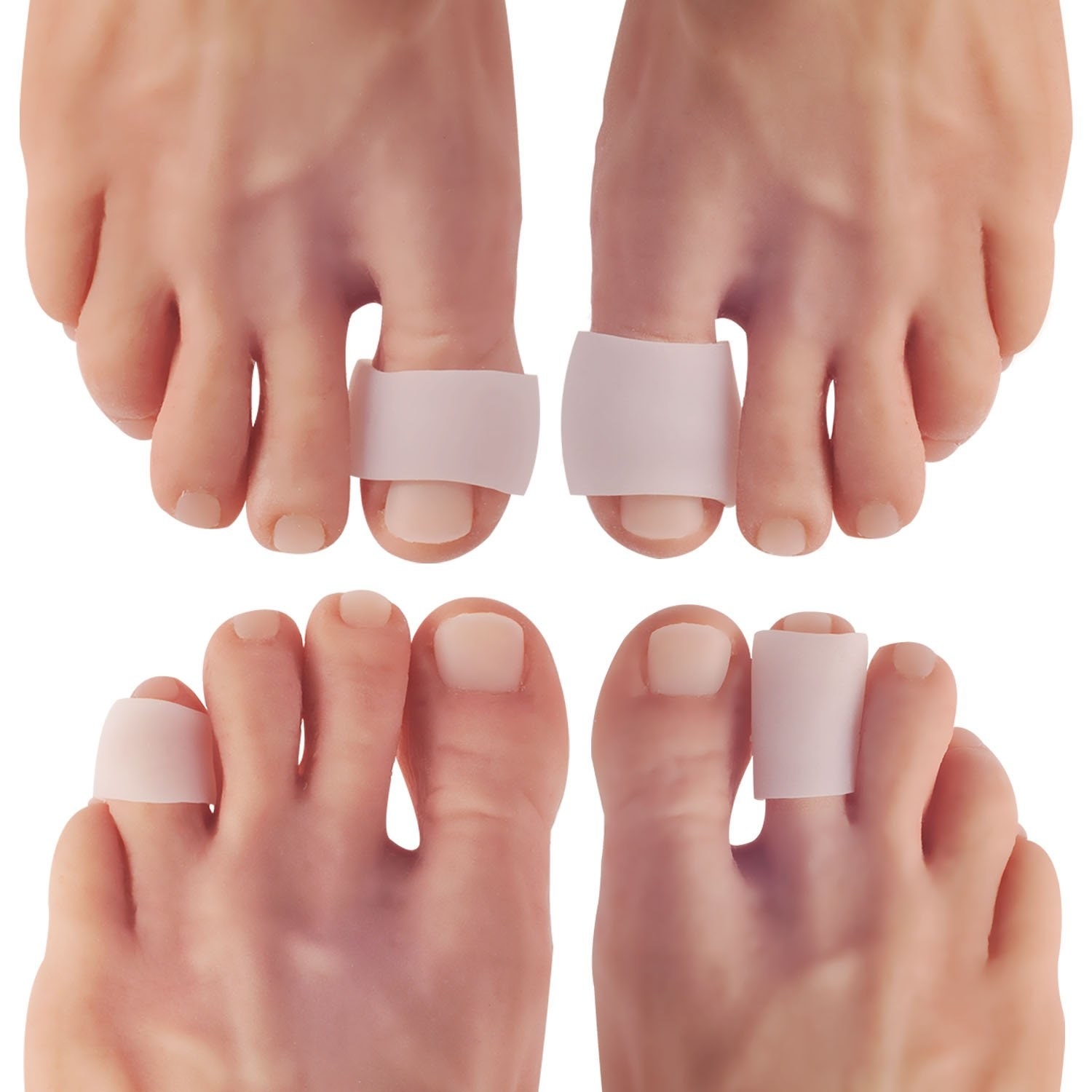 two sets of feet wearing the toe protectors on various toes