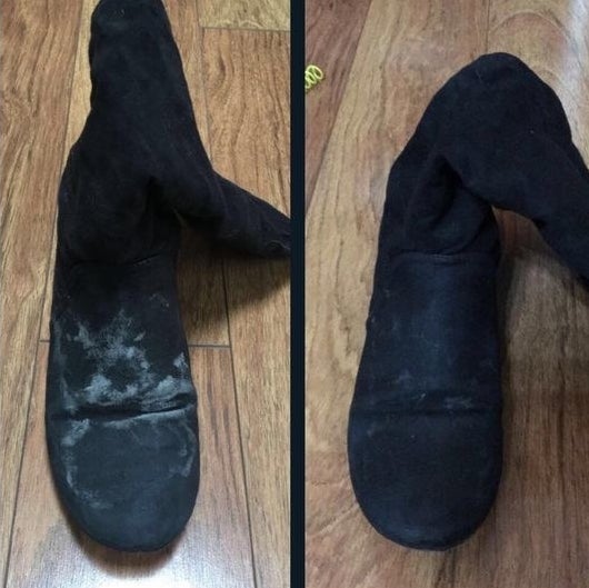 before-and-after photo of a suede boot covered in salt and water stains, then visibly much cleaner after using the cleaning wipes 