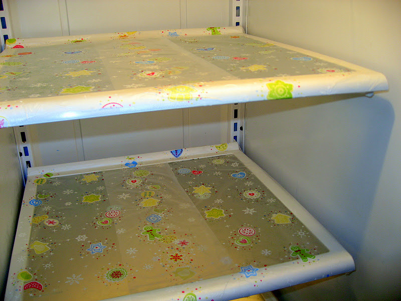 blogger&#x27;s fridge shelves covered in patterned wrap