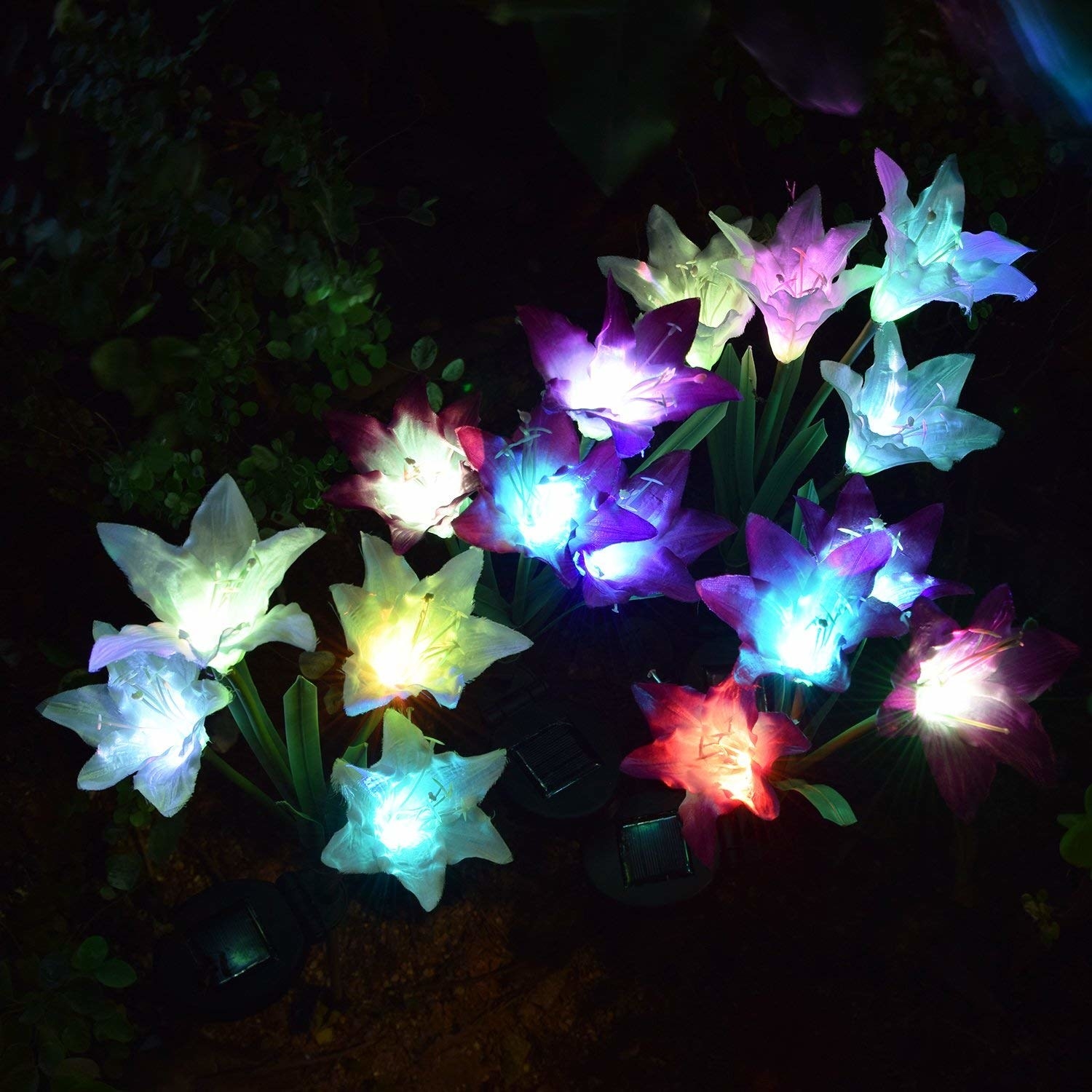 an array of light up flowers glowing at night