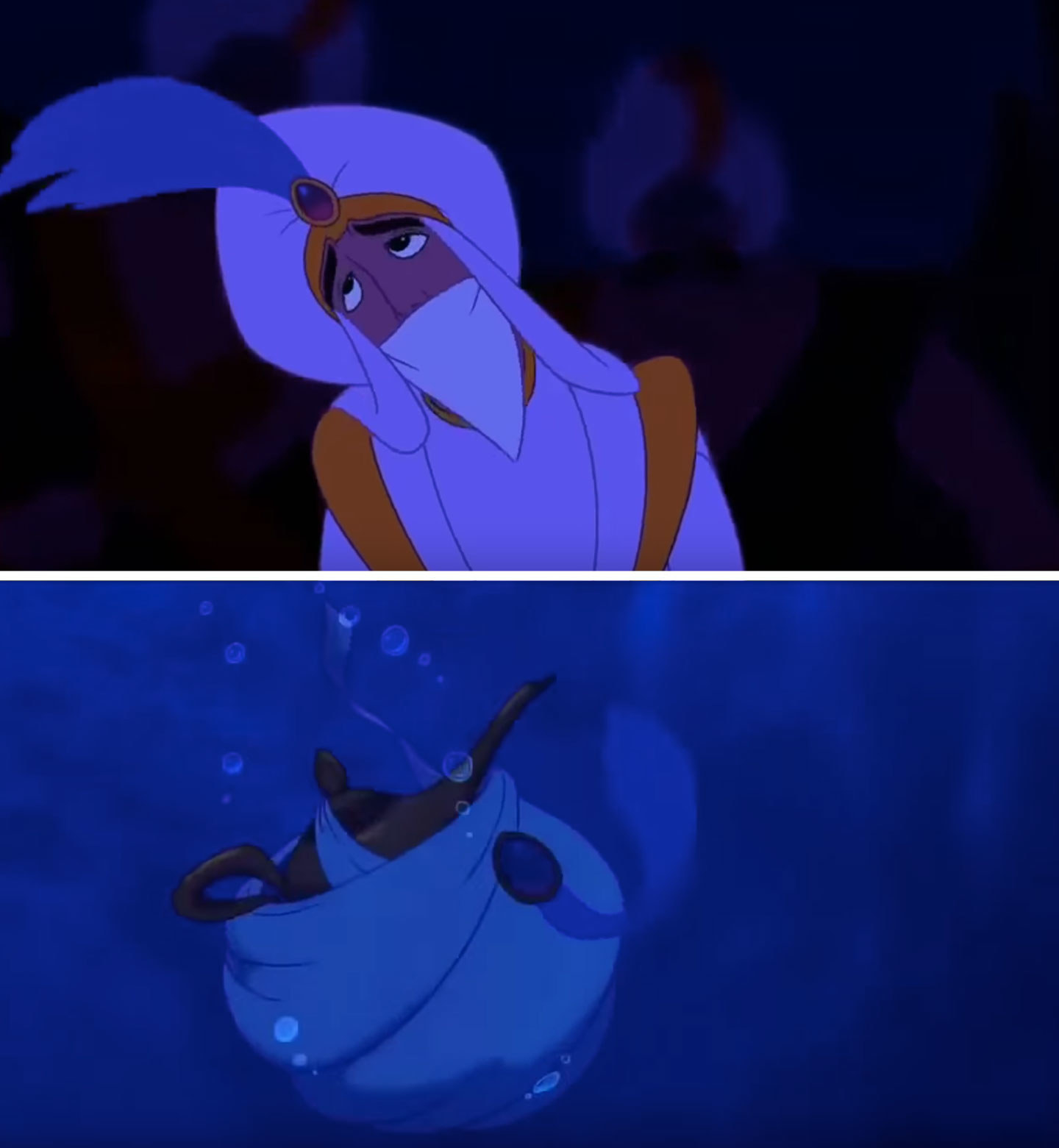 Aladdin is dropped in the water to drown, his hat has a gold band and a hat...
