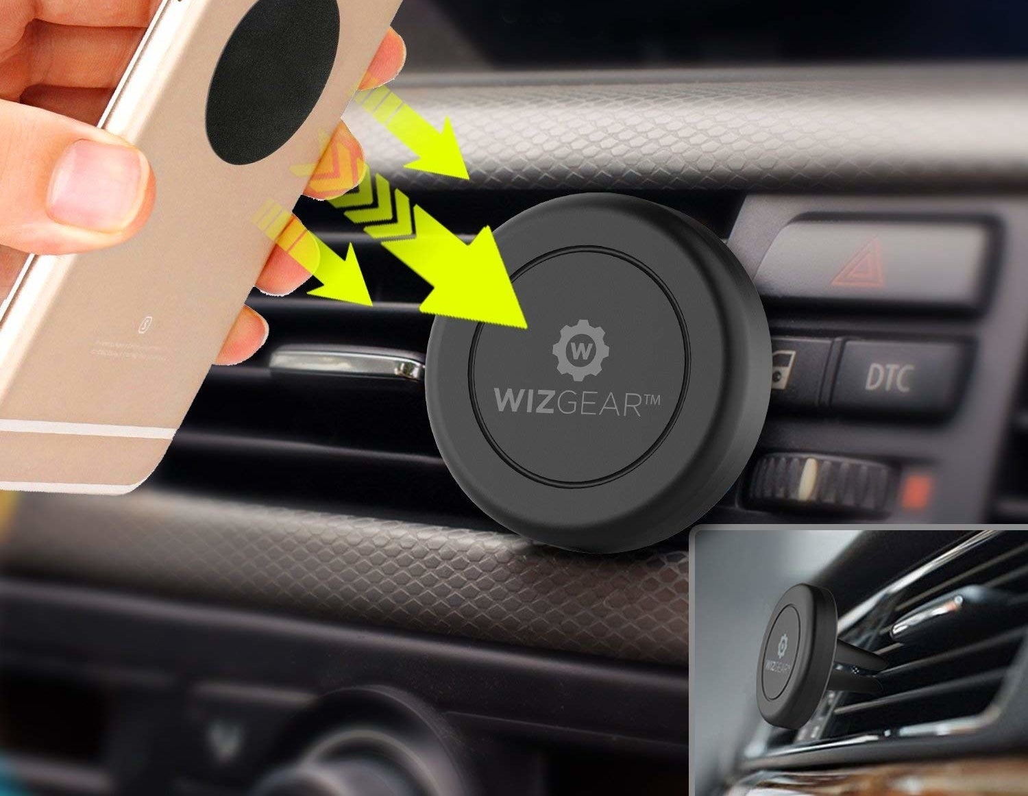 A person attaching their phone to their car&#x27;s air vent using the magnetic car mount. 