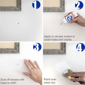 A series of photos showing the before-during-after results of using the Erase-A-Hole drywall repair putty