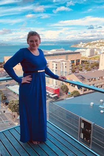 Reviewer in the long-sleeve maxi dress in blue 