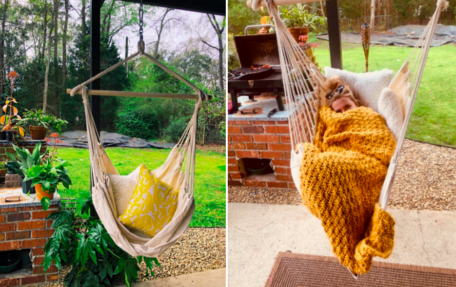 two reviewer images of the hammock hung up outside