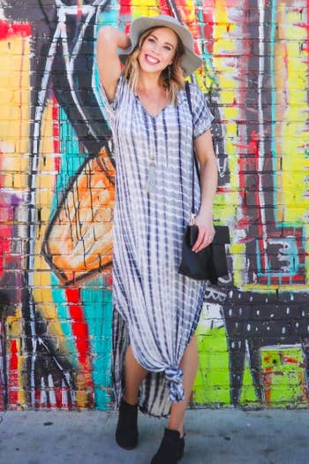 A customer review photo of the maxi dress in gray