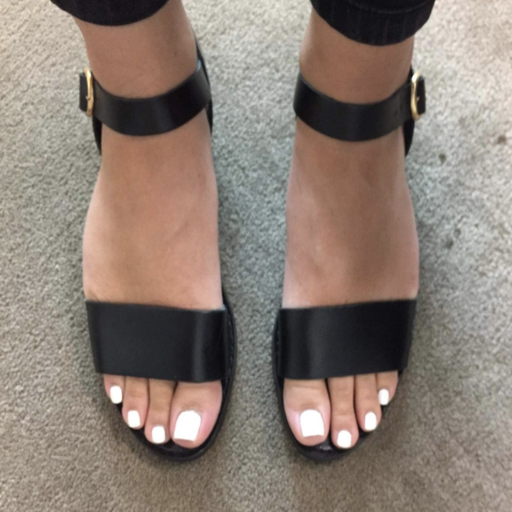 another reviewer in the shoes in black, they have a vertical strap across the front of the toes and an ankle strap with a buckle