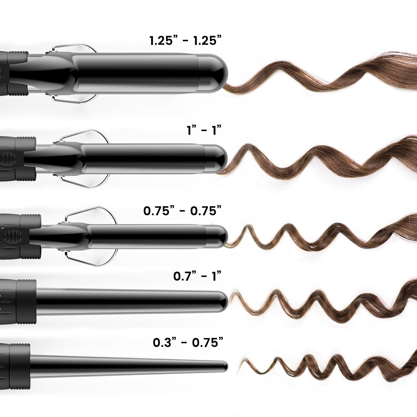 The five barrels with example curls: 1.5", 1", .75", .7-1" tapered and .3-.75" tapered