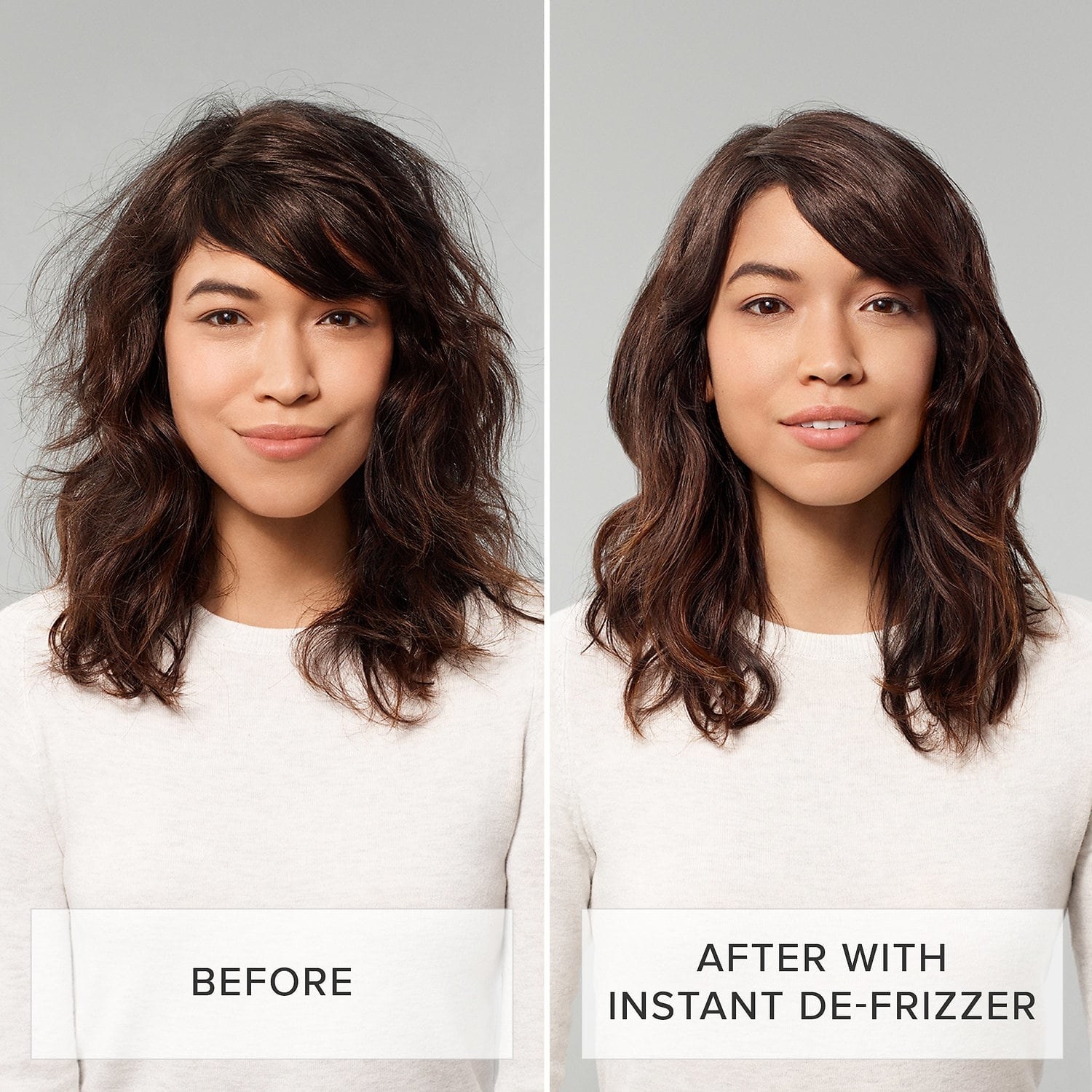 A model before and after use: on the left with frizzier, tousled hair and on the right with sleek, shiny waves