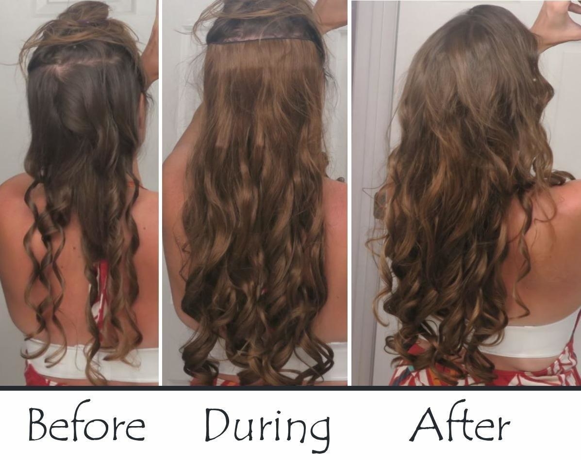 A reviewer showing the clip-in process: before clipping in with thinner hair, showing how the reviewer put them in the middle of their hair with the top section of hair pinned up, and then after with tons of long hair