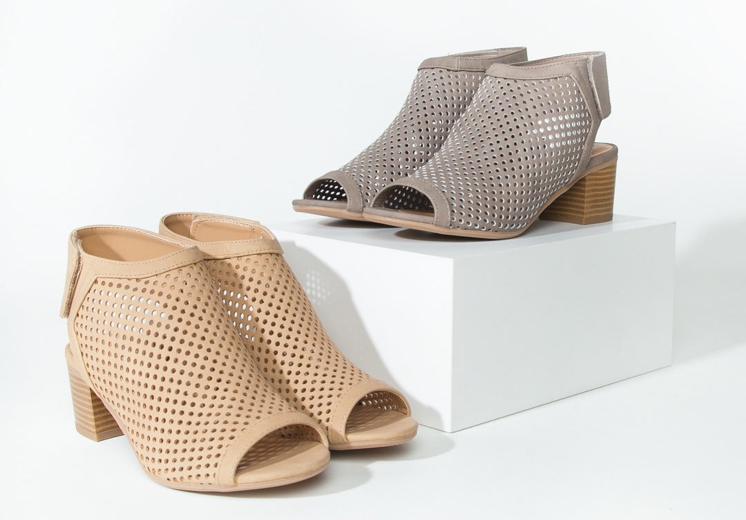 the peep toe booties with a mesh-like overlay and a block heel