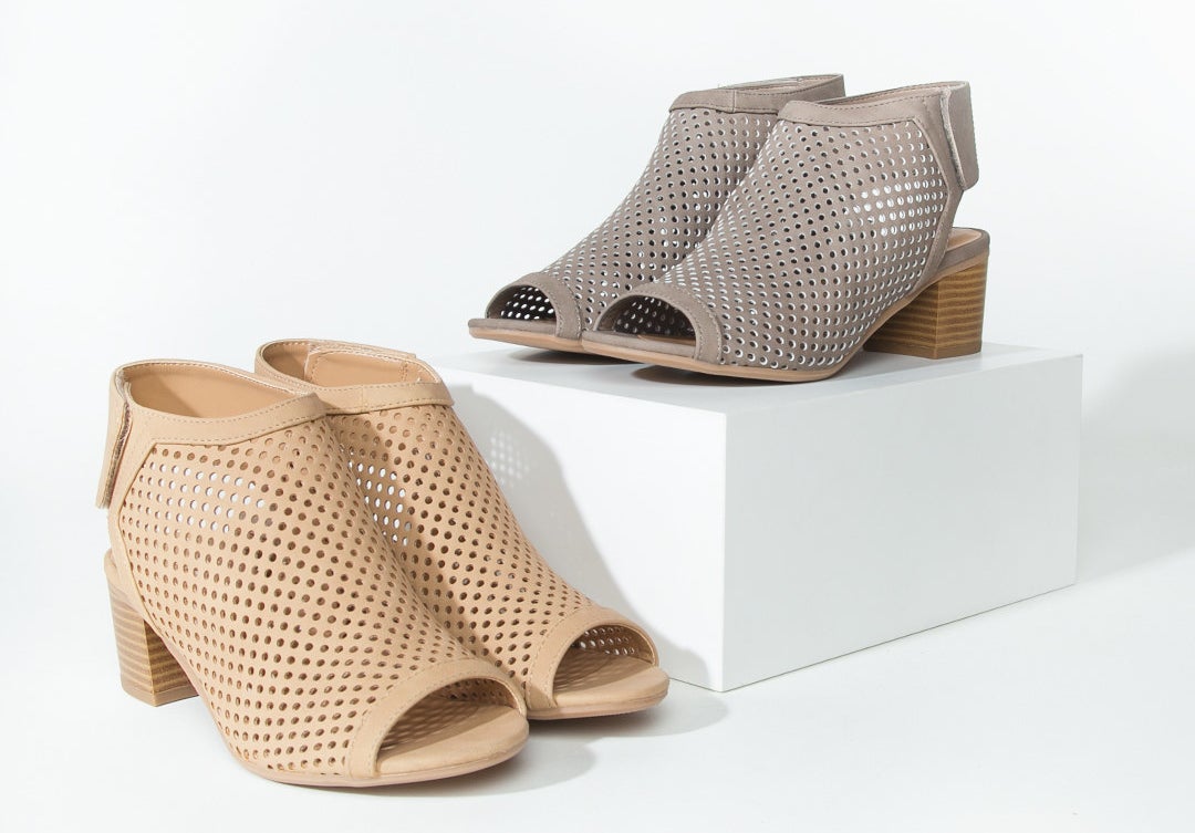 the peep toe booties with a mesh-like overlay and a block heel