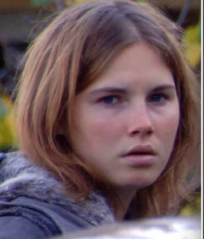 Amanda Knox being filmed after the murder of her roommate, then a photo of Amanda Knox several years later being interviewed