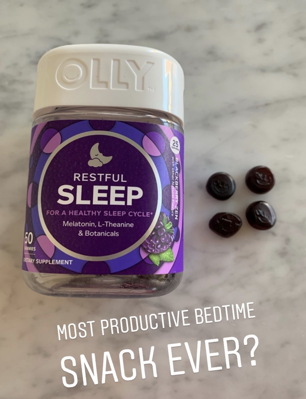 the container of olly sleep gummies with text added by a BuzzFeed editor that says &quot;most productive bedtime snack ever?&quot;