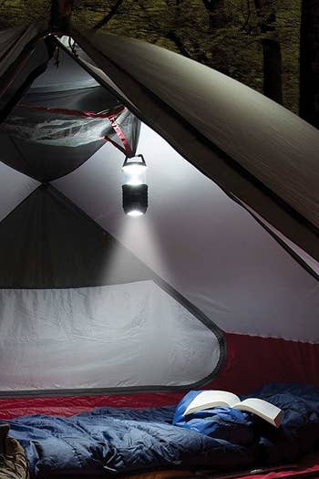 In lantern mode hanging from a tent, the light shining both from the top and the bottom