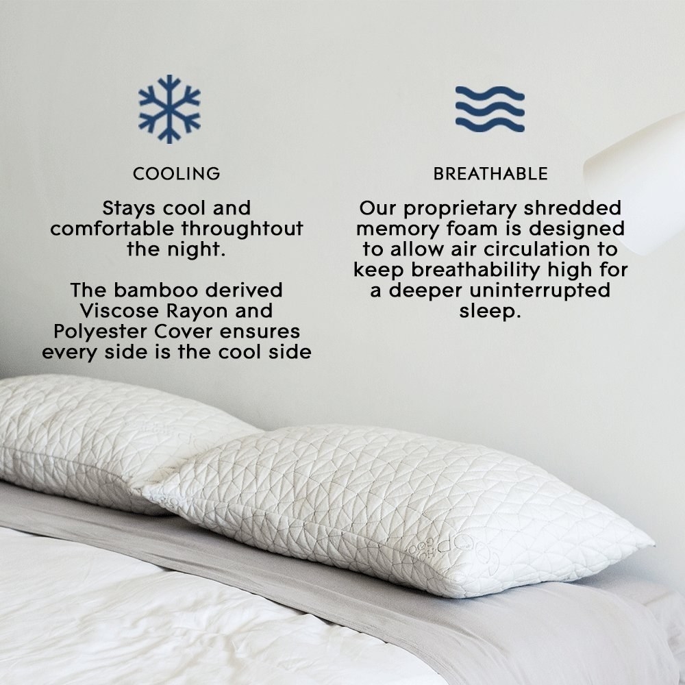 An image of the two pillows detailing the features like the bamboo rayon and shredded foam to keep the pillows cool
