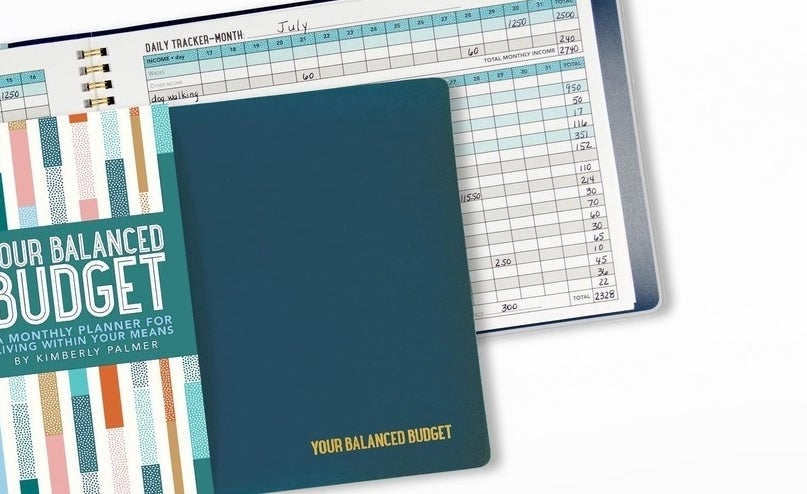 cover of budget book and inside of book showing a daily and monthly tracker