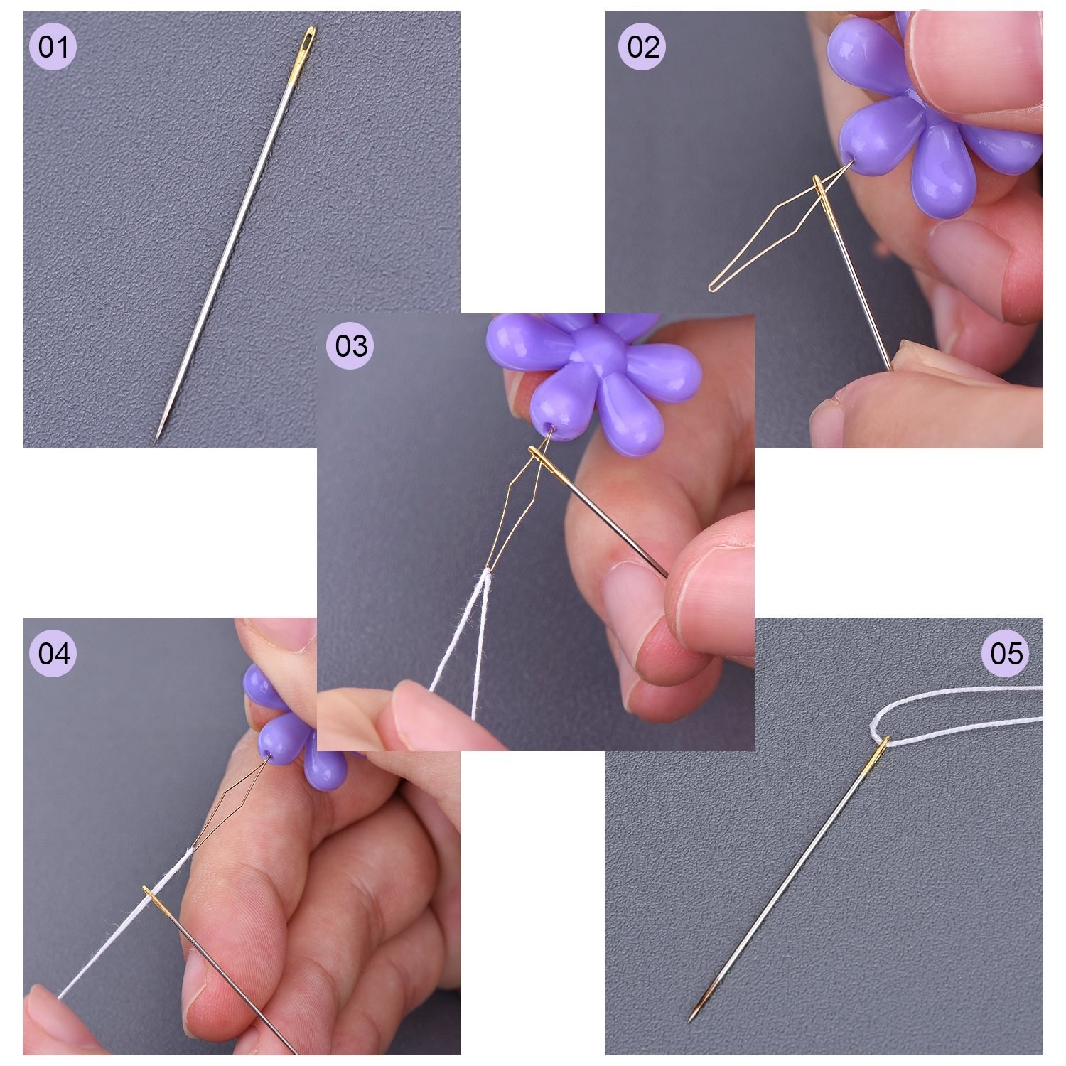 Step-by-step guide showing how to thread a needle with detailed visuals, featuring hands holding the needle and thread against a plain background