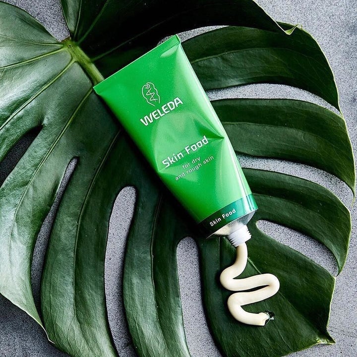 a green plastic bottled labeled "Weleda Skin Food" laid on top of a green palm leaf