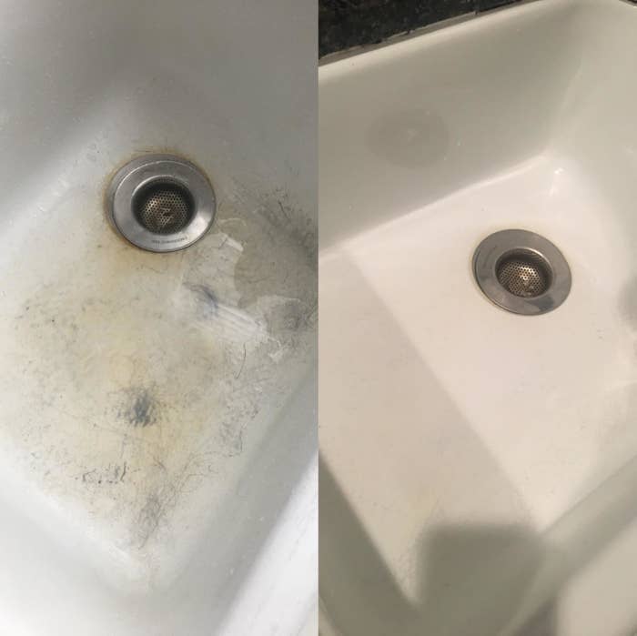a reviewer&#x27;s before and after shot of a scuffed up sink that&#x27;s clean after use 