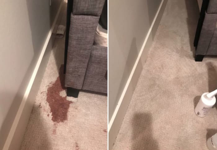 Reviewer before/after pic using the cleaner to completely remove a wine stain from carpet